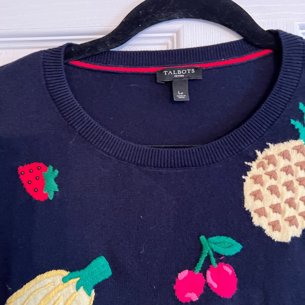Talbots Sweater Blue Embroidered Beaded Large Petite - Picture 3 of 4